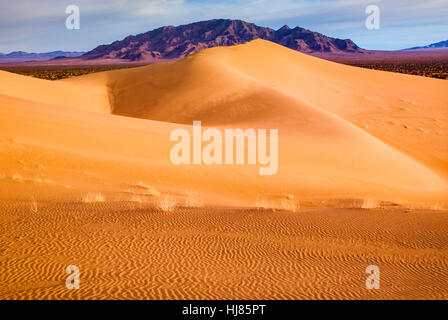 Cadiz-Dünen bei Sonnenaufgang, Schiff-Gebirge in der Ferne an der Mojave-Wüste, Mojave Trails National Monument, California, USA Stockfoto