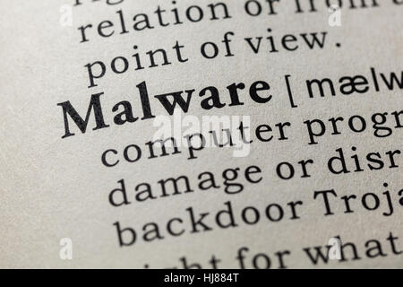 Gefälschte Wörterbuch, Wörterbuch-Definition des Wortes Malware. einschließlich der wichtigsten beschreibende Wörter. Stockfoto