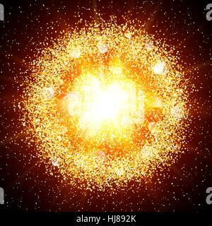 Abstrakte Explosion mit gold glitzernden Elementen. Platzen der leuchtende Stern. Bestäuben Sie Feuerwerk-Lichteffekt mit roten Schein. Splash Pulver Hintergrund funkelt. Vektor-Illustration. Stock Vektor