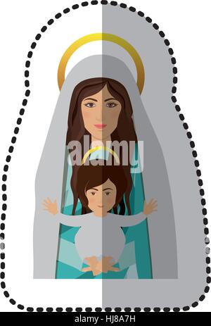 Aufkleber-Schattierung der halbe Körper Heilige Jungfrau Maria mit baby-Jesus-Vektor-Illustration Stock Vektor