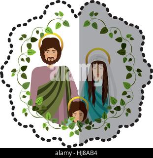 Aufkleber-Bogen aus grünen Blättern mit halben Körper Bild der Heiligen Familie Vektor-illustration Stock Vektor