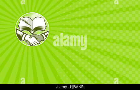 Visitenkarte zeigt Abbildung von zwei Händen im Handshake ein weiß und die andere schwarz set im inneren Kreis getan im Stil der Retro-Holzschnitt mit Lehrbuch Stockfoto