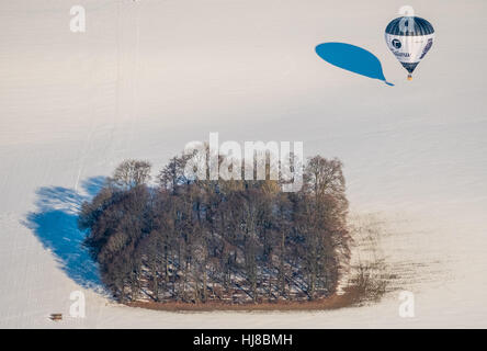 Heißluftballon Tutima D-OTGL bei der Landung auf einer Schneefläche, Winterwetter, Niedrigwasser am Möhnesee See, Sauerland, Ruhrgebiet, Stockfoto