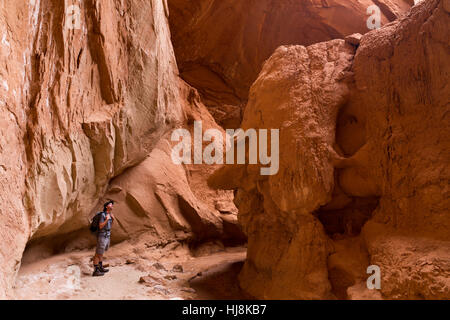 Ein Wanderer stehend an der Mündung der kühlen Höhle entlang der Panoramaweg. Kodachrome Basin State Park, Utah Stockfoto