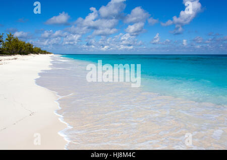 Die Aussicht auf ein leeres endloser Strand auf unbewohnten Insel in Half Moon Cay (Bahamas). Stockfoto
