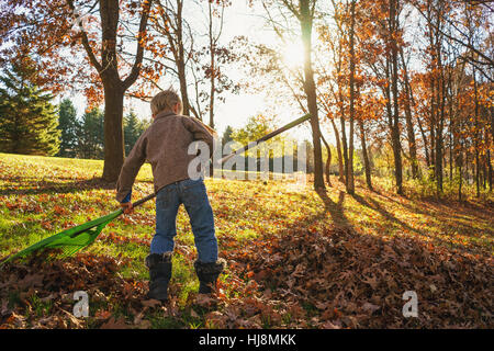 Kleiner Junge Rechen Herbst Blätter Stockfoto