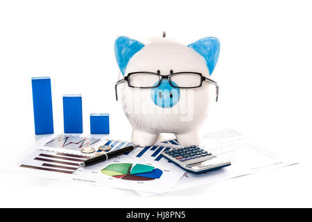 Das Tragen einer Brille mit Buchhaltung Papierkram Rechner und blaue Graph Modell Sparschwein Stockfoto