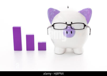 Lila und weißen Sparschwein mit Brille mit lila Graph-Modell Stockfoto