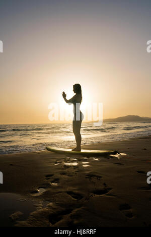 Silhouette einer Frau beim Yoga auf einem Surfbrett Los Lances Strand, Tarifa, Cádiz, Andalusien, Spanien Stockfoto
