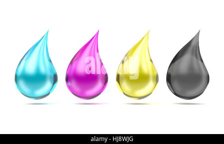 CMYK Tintentröpfchen zu unterzeichnen. 3D-Render Abbildung isoliert auf weißem Hintergrund Stockfoto