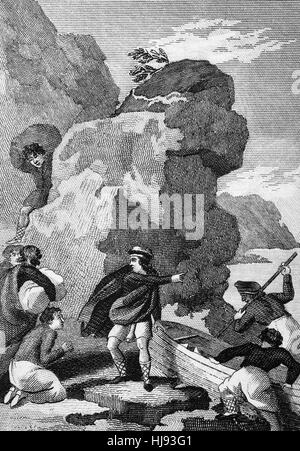 Charles Stuart (1720 – 1788), allgemein bekannt als The Young Pretender und The Young Chevalier und Bonnie Prince Charlie, war die zweite jakobitische Prätendenten auf den Thron von England, Schottland, Frankreich und Irland. Nach der "Forty-Five" Rebellion er die Flucht ergriff und auf der Isle Of Skye, wo er Gefangennahme und verließ das Land an Bord der französischen Fregatte L'Heureux, seiner Ankunft in Frankreich im September, entkam. Stockfoto