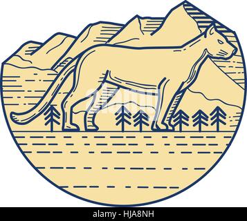 Mono-Linie Stil Abbildung von einem Cougar Mountain Lion der Seitenansicht im inneren Halbkreis mit Berg und Bäume im Hintergrund. Stock Vektor