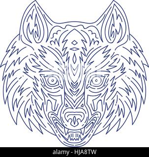 Mono-Linie Stil Abbildung eines Kopfes eines grauen Wolfes von vorne am isolierten weißen Hintergrund betrachtet. Stock Vektor