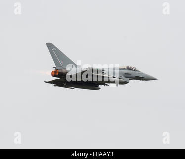 Ein Typhoon Jagdflugzeug in einem Durchflug um das Leben der Testpilot Eric "Winkle" Brown am an RNAS Yeovilton feiern. Stockfoto