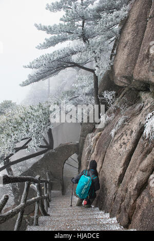 Winter-Wunderland, Wandern im Nationalpark Huangshan, Anhui, China Stockfoto