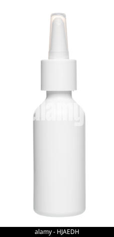 weiße Kunststoff Nasentropfen Flasche mit Dispenser-Pumpe, mock-up, isoliert auf weißem Hintergrund, in der Nähe von Stockfoto