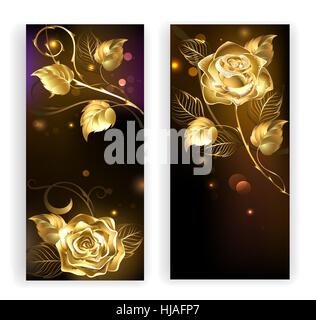 zwei Banner mit gold, verschlungenen Rosen auf schwarzem Hintergrund Stock Vektor