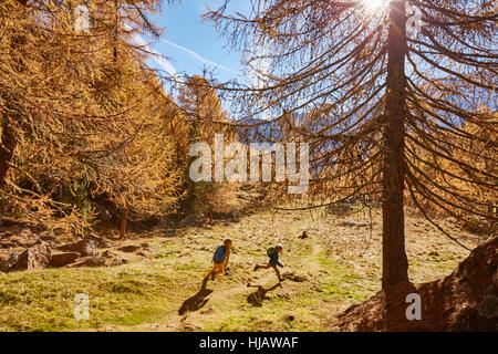 Zwei Brüder laufen im Freien, Schnalstal, Südtirol, Italien Stockfoto