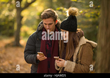 Junges Paar im Wald, Blick auf smartphones Stockfoto