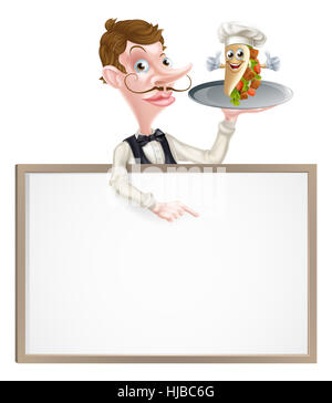 Melden Sie eine Illustration eines Cartoon-Kebab und Chips Kellner Stockfoto