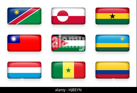 Satz der Welt Fahnen Rechteck Tasten (Namibia. Grönland. Ghana. Taiwan. Jordanien. Ruanda. Luxemburg. Senegal. Kolumbien) Stockfoto