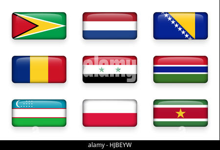 Satz der Welt Fahnen Rechteck Tasten (Guyana. Niederlande. Bosnien und Herzegowina. Rumänien. Syrien. Gambia. Usbekistan. Polen. Suriname) Stockfoto