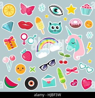 Mode Satz von Patches 80er Jahre Comic-Stil. Pins, Abzeichen und Aufkleber Sammlung cartoon Pop-Art mit einem Einhorn, Regenbogen, Lippen, Emoji. Vektor-Illustration. Stock Vektor