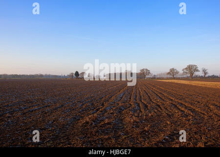 Muster und Textur des Bodens gefrostet Schneepflug mit Stoppeln und Wald in Yorkshire Landschaft unter einem strahlend blauen Himmel im Winter. Stockfoto