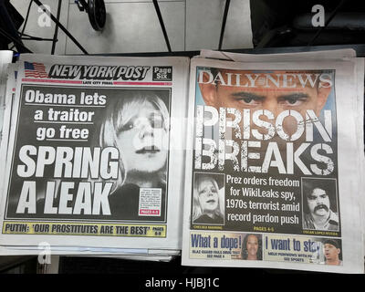 New York-Tabloid-Zeitungen auf Mittwoch, 18. Januar 2017 Bericht über Präsident Barack Obama Ende der Begriff Begnadigungen für Wikileaks Spion Chelsea Manning und 1970er Jahren Puerto-Ricanischen Terrorist Oscar Lopez Rivera.  (© Richard B. Levine) Stockfoto