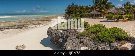 Sandstrand mit Sonnenschirmen mit Strohdach und Sonnenliegen blauen Himmel, Weitwinkel, azurblaues Meer, Palmen im Hintergrund, Hotelresort, sonniger Tag im Oktober, Za Stockfoto