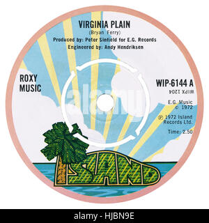45 u/min 7' UK Plattenlabel Virginia Plain von Roxy Music auf dem Insel-Etikett von 1972 Stockfoto