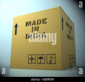 Made In India-Box zeigt Asien importieren 3D-Rendering Stockfoto