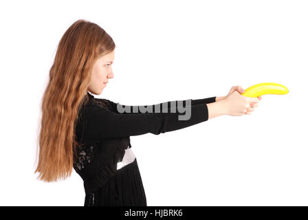 Mädchen halten frische Banane isoliert auf weiss Stockfoto