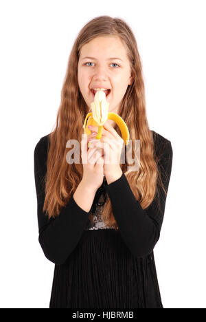 Mädchen halten frische Banane isoliert auf weiss Stockfoto