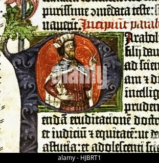Beleuchtete Porträt von König Solomon von den Buchstaben "P" aus der "Gutenberg-Bibel" das erste massenproduzierte Buch gedruckt von Johann Gutenberg 1455 in Mainz, Deutschland. Siehe Beschreibung für mehr Informationen. Stockfoto