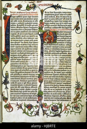 Seite aus der "Gutenberg-Bibel" das erste massenproduzierte Buch gedruckt von Johann Gutenberg 1455 in Mainz, Deutschland. Seite zeigt zeigt eine große beleuchtete 'Ich' und 'P' mit einem Porträt von König Solomon. Siehe Beschreibung für mehr Informationen. Stockfoto