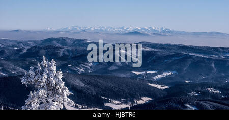 Blick auf die Tatra mit nächsten Hügel von beskiden von Lysa hora Hill im Winter moravskoslezske Beskiden in Tschechien Stockfoto