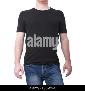 Mann trägt schwarze T-shirt isoliert auf weißem Hintergrund mit textfreiraum leer. T-Shirt Design und Menschen Konzept - Nahaufnahme von Männern in leeres Hemd. Für Mock-up Template-Design. Vorderansicht Stockfoto