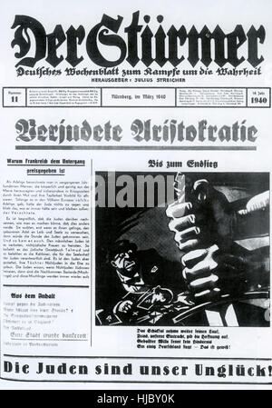 DER STÜRMER wöchentliche Tabloid Nazi-Propaganda-Zeitung veröffentlicht von Julius Streicher von 1923 zu 1945.This Problem ist ab März 1940. Die Karikaturen waren von Philipp Rupprecht (Fips). Unter dem Strich "Die Juden sind unser Unglück" in jeder Ausgabe verwendet wurde Stockfoto