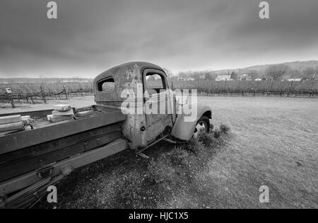 Ein schwarz-weiß Foto von einem alten Lastwagen mit Einschusslöchern in der Tür in einem Weinberg an einem bewölkten Tag. Stockfoto