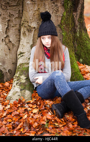 Hübsches junges Mädchen sitzt neben einem Baum im Herbst mit einem Teppich, wenn Blätter auf dem Boden Stockfoto