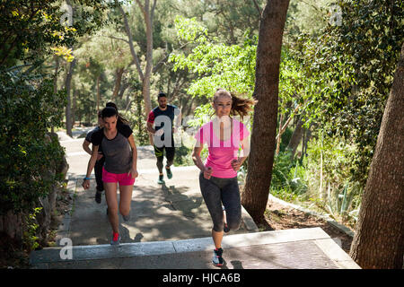 Vier männliche und weibliche Läufer laufen im Park, Split, Dalmatien, Kroatien Stockfoto