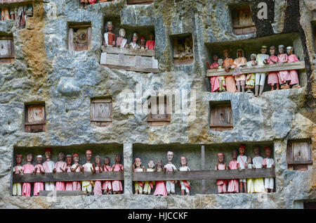 Galerien von Tau-Tau bewachen die Gräber. LEMO ist Klippen alte Grabstätte in Tana Toraja, Sulawesi, Indonesien. Stockfoto