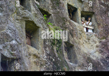 Galerien von Tau-Tau bewachen die Gräber. LEMO ist Klippen alte Grabstätte in Tana Toraja, Sulawesi, Indonesien. Stockfoto