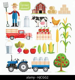 Satz von Bauer Element. Bauer und Nutztiere. Vektorgrafiken. Stock Vektor
