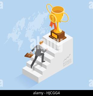 Geschäftsleute Konzepte für Erfolg. Geschäftsmann beschleunigen Sie die Treppe zum Gold Trophäe cup Symbol Isometrische Vector Illustration. Stock Vektor