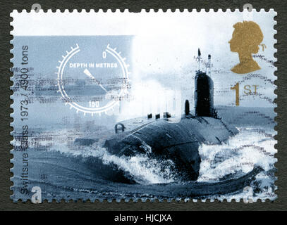 Großbritannien - ca. 2010: Eine gebrauchte Briefmarke aus dem Vereinigten Königreich, angetrieben Darstellung eines Bildes der Swiftsure-Klasse nuklearen u-Boot, ca. 2010. Stockfoto