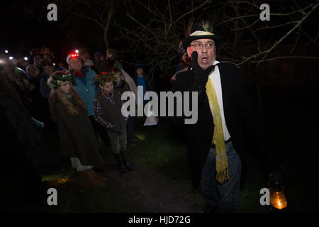 Devon, UK. 21. Januar 2017. Das Dorf von Stoke Gabriel, Devon, feiert seinen jährlichen Wassail - eine mittelalterliche englische Ritual trinken soll eine gute Apfelwein Apfelernte im folgenden Jahr gewährleistet.  Die Ereignisse besteht aus Morris Tanz, Magie, Musik, Apfelwein trinken, ein Laternenumzug und uralten Wassail Zeremonie in die lokalen Apfelplantage, beaufsichtigt von der Wassail Master Of Ceremonies. Bildnachweis: David Lager/Alamy Live-Nachrichten Stockfoto