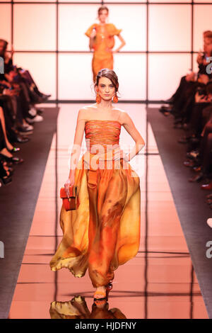 Paris, Frankreich. 24. Januar 2017. Ein Model trägt eine Kreation von italienischen Designer Giorgio Armani im Rahmen von Giorgio Armani Privé Kollektion Frühjahr/Sommer 2017 präsentiert während der Haute Couture Fashionweek in Paris, 24. Januar 2017. Foto: Hendrik Ballhausen - NO-Draht-SERVICE - Foto: Hendrik Ballhausen/Dpa/Alamy Live News Stockfoto