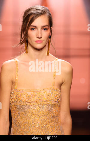 Paris, Frankreich. 24. Januar 2017. Ein Model trägt eine Kreation von italienischen Designer Giorgio Armani im Rahmen von Giorgio Armani Privé Kollektion Frühjahr/Sommer 2017 präsentiert während der Haute Couture Fashionweek in Paris, 24. Januar 2017. Foto: Hendrik Ballhausen - NO-Draht-SERVICE - Foto: Hendrik Ballhausen/Dpa/Alamy Live News Stockfoto